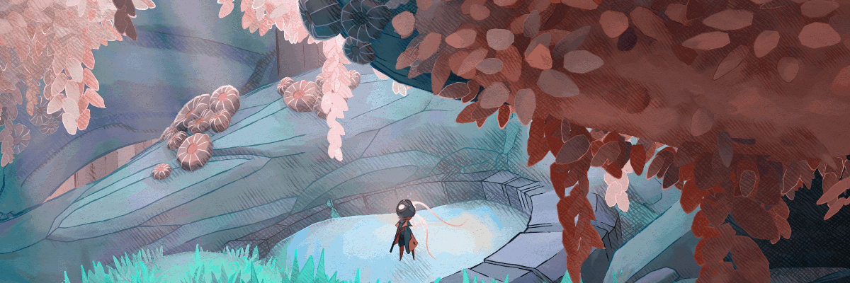 A androide protagonista de MIO: Memories in Orbit em uma área que se assemelha a uma floresta