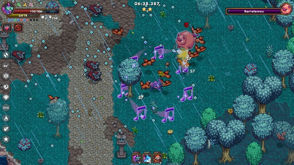 Gameplay do jogo Shard Squad, destacando uma batalha contra boss. O cenário é uma floresta em meio a chuva.