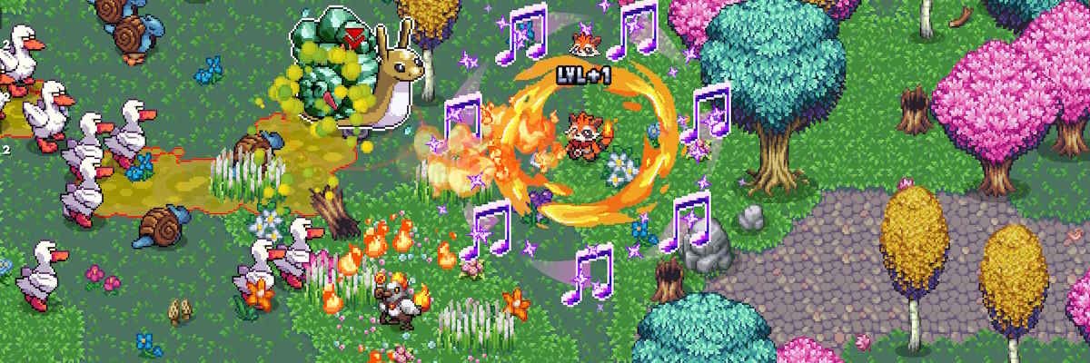 Gameplay do jogo indie brasileiro Shard Squad, que mistura elementos de Vampire Survivors com bichinhos no estilo Pokémon.