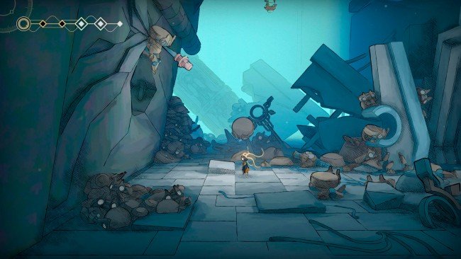 Trecho de gameplay de MIO: Memories in Orbit, explorando uma área cheia de robôs destruídos