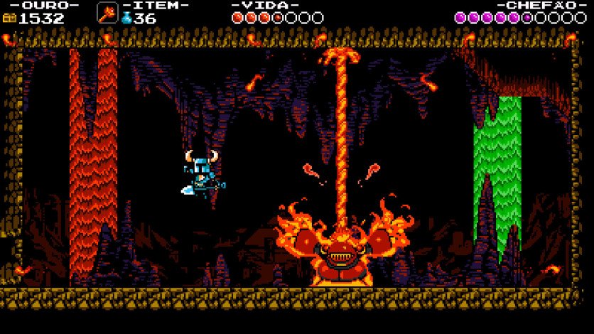 Trecho de gameplay de Shovel Knight: Treasure Trove, onde o personagem principal enfrenta um chefe de lava dentro de uma caverna