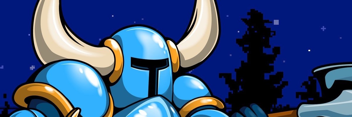 Imagem que destaca o personagem Shovel Knight, um cavaleiro de armadura azul com detalhes dourados e chifres