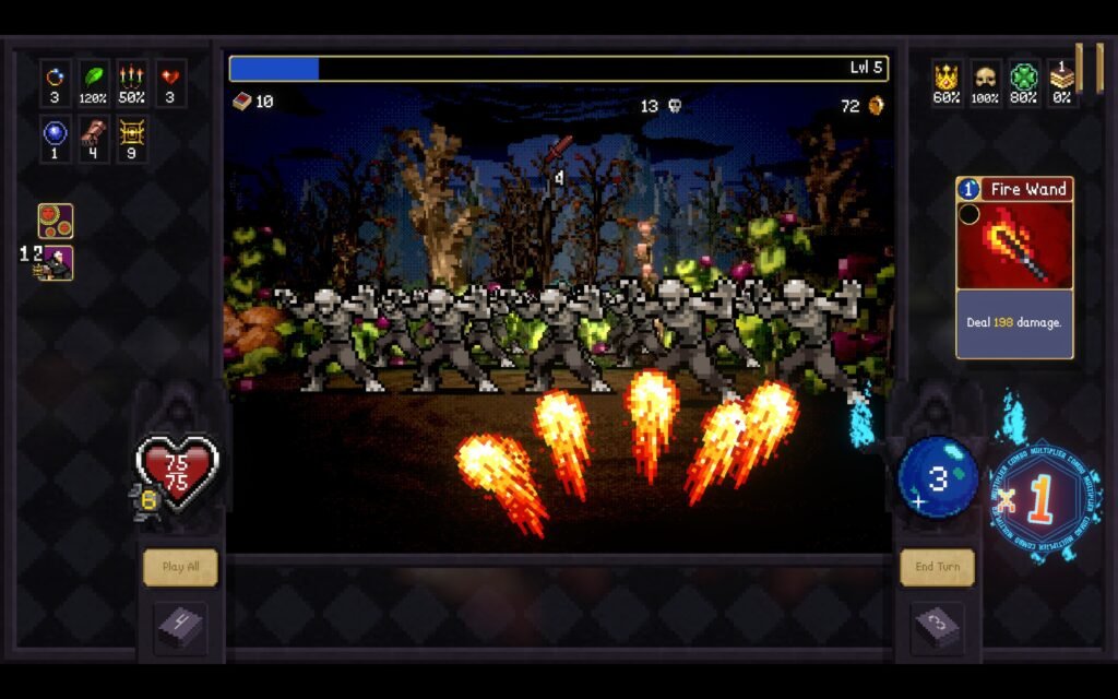 Gameplay de Vampire Crawlers, que mistura a ideia do original Vampire Survivors com mecânicas de exploração de calabouço (dungeon crawler) com jogo de cartinha (deck builder)