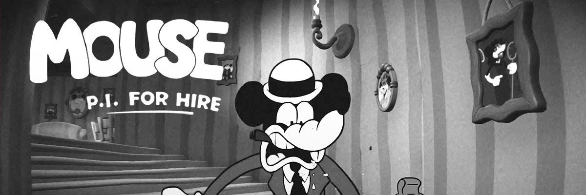 Logo do jogo Mouse: P.I. for Hire e um dos ratos inimigos do jogo