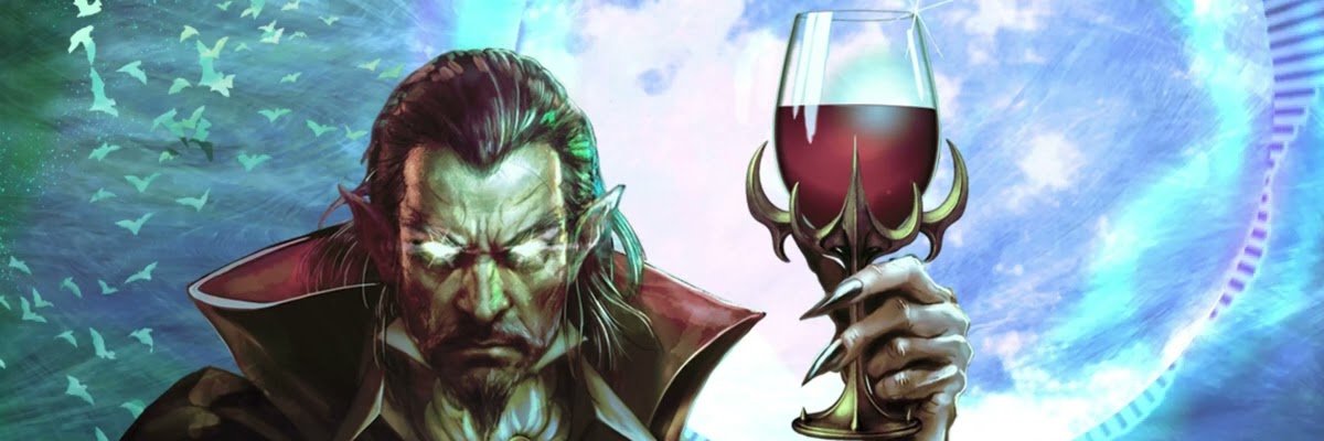 Dracula com uma taça de vinho na mão, preparado para jogar uma partida de Vampire Crawlers