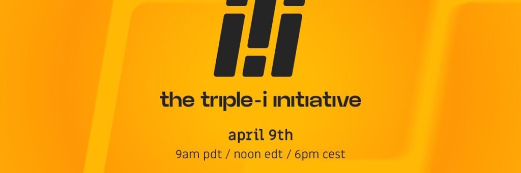 Logo da The Triple-i Initiative 2026, descrevendo o evento de jogos indies e sua data original de anúncios
