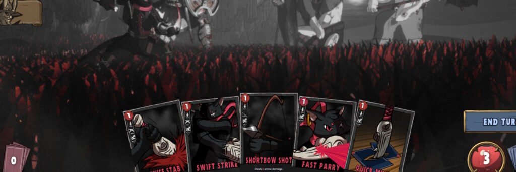 Gameplay de Rogue Reigns mostrando as cartas na mão, a HUD que aparece para os jogadores